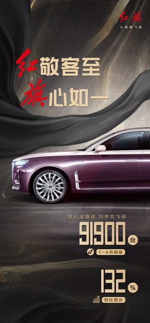 同比增长132% 红旗1-4月销量91900辆
