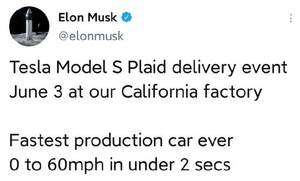 百公里加速2.1秒 特斯拉Model S Plaid将于6月3日交付