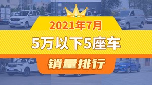 2021年7月5万以下5座车销量排行榜，五菱宏光V屈居第三，远景X3成最大黑马