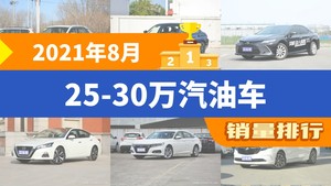 2021年8月25-30万汽油车销量排行榜，凯美瑞屈居第三，亚洲龙成最大黑马