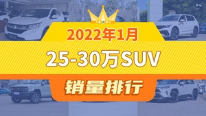 2022年1月25-30万SUV销量排行榜，途观L屈居第三，宝马X1成最大黑马