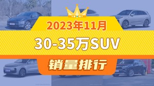 2023年11月30-35万SUV销量排行榜，Model Y以49877辆夺冠