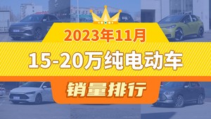 2023年11月15-20万纯电动车销量排行榜，元PLUS以30751辆夺冠