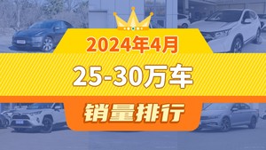 2024年4月25-30万车销量排行榜，Model Y以26356辆夺冠，极氪001升至第7名 