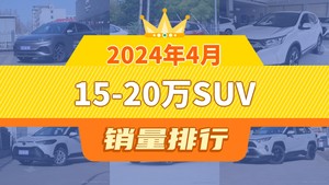 2024年4月15-20万SUV销量排行榜，元PLUS以23327辆夺冠，瑞虎8升至第10名 