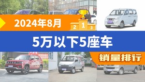 2024年8月5万以下5座车销量排行榜，五菱荣光V屈居第三，北京BJ30成最大黑马