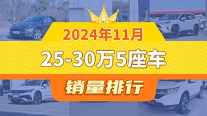 2024年11月25-30万5座车销量排行榜，帕萨特位居第二，第一名你绝对想不到