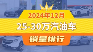 2024年12月25-30万汽油车销量排行榜，RAV4荣放屈居第三，皓影成最大黑马